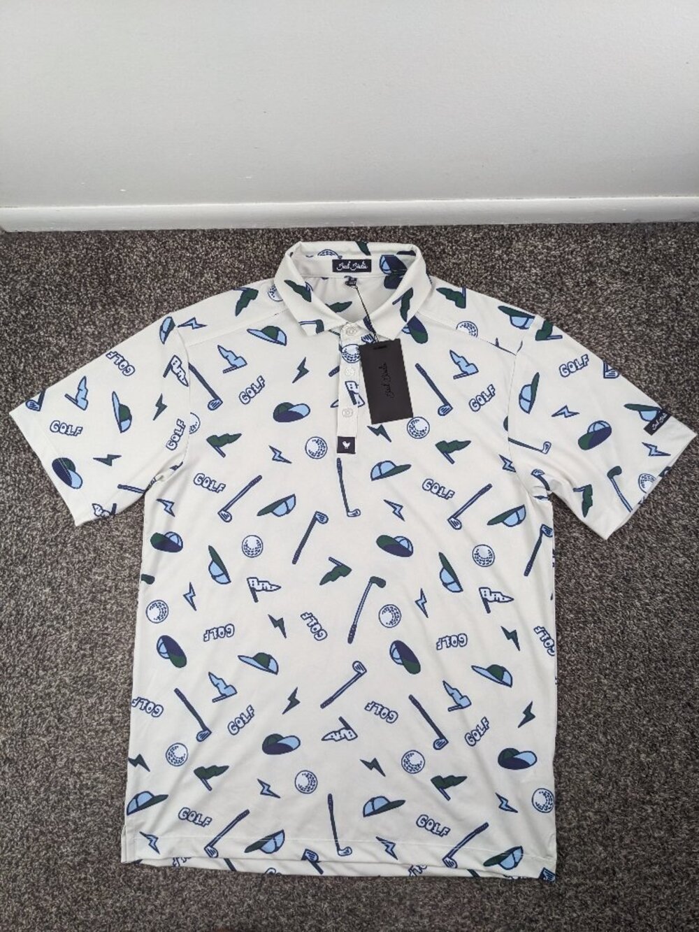 NWT Bad Birdie Polo Shirt Core Yard Sale Performance All Over Print Mens Medium